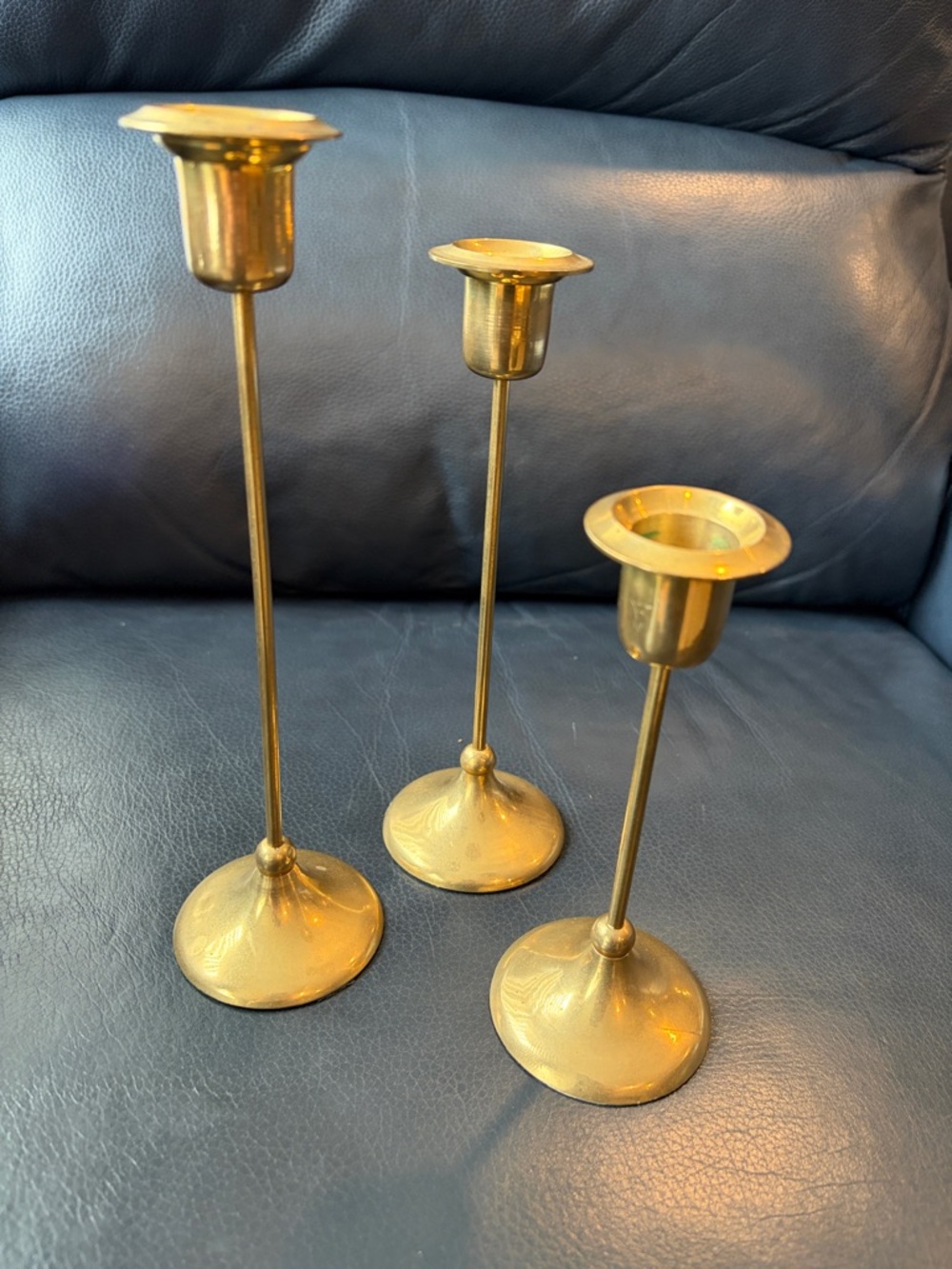 Vintage Mid-Century Modern Graduated Brass Tulip Candlestick Holders - Set of 3